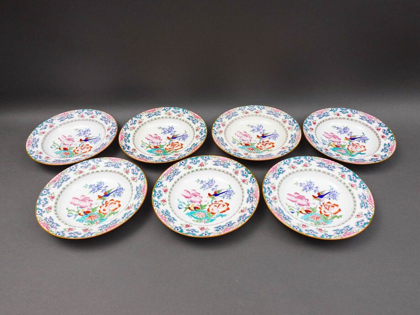 Minton England For Tiffany & Co. B894 Floral Bird Rimmed Soup Bowl Set Of 7