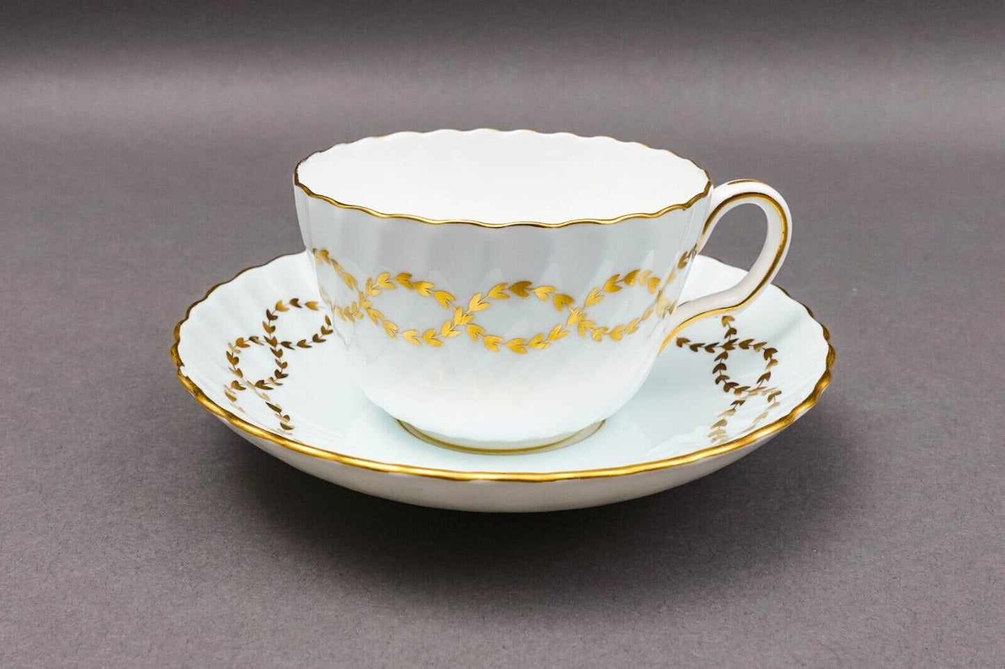 Minton England S600 Gold Laurel Leaves Light Blue Tea Cup & Saucer Set Of 4