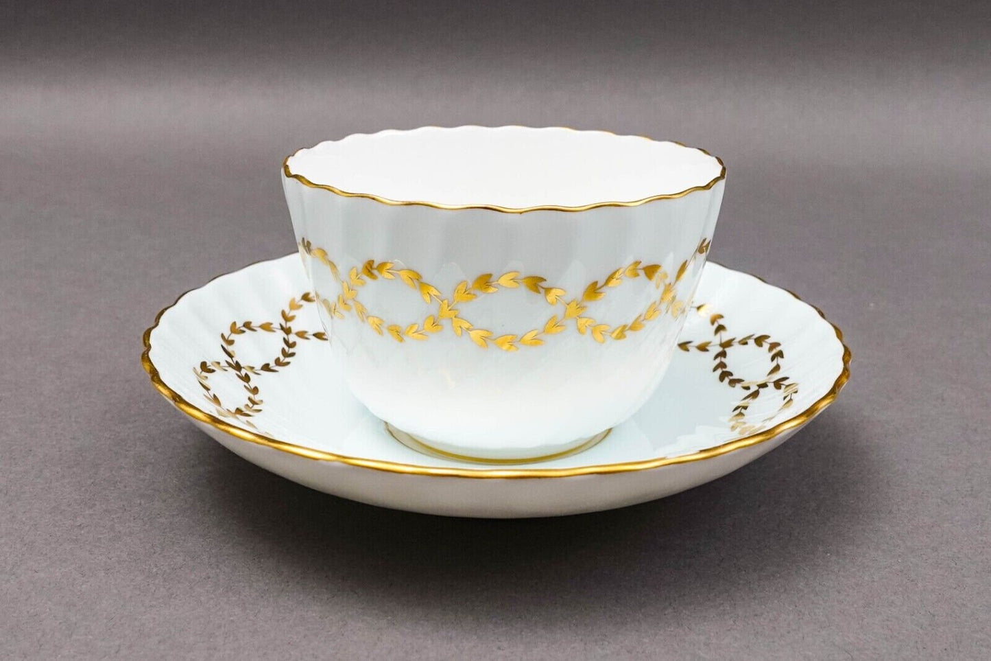 Minton England S600 Gold Laurel Leaves Light Blue Tea Cup & Saucer Set Of 4