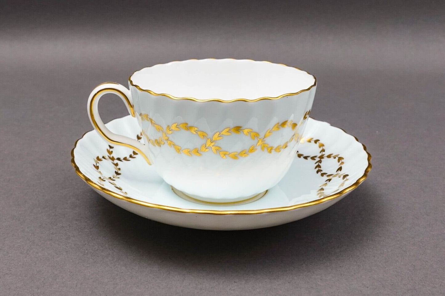 Minton England S600 Gold Laurel Leaves Light Blue Tea Cup & Saucer Set Of 4