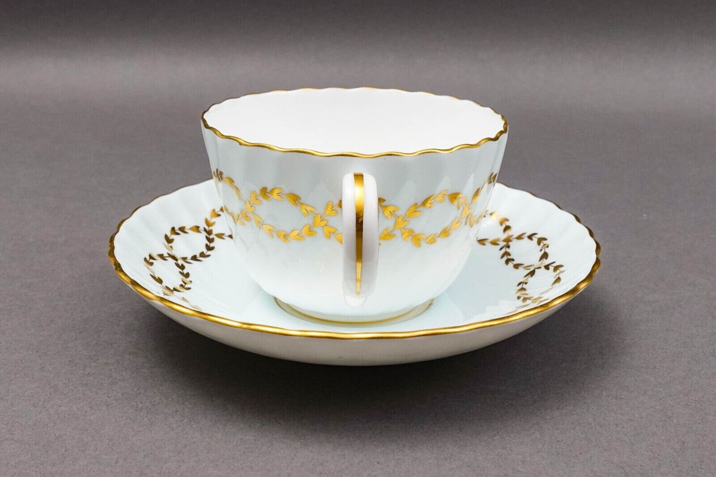 Minton England S600 Gold Laurel Leaves Light Blue Tea Cup & Saucer Set Of 4