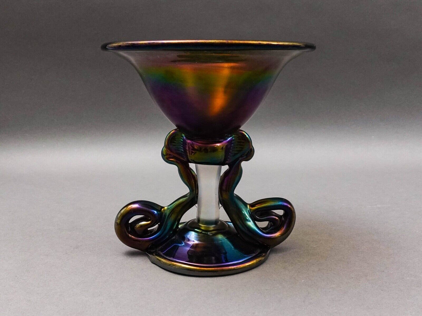 Kim Newcomb 1973 Signed Iridescent Art Glass Vase Pedestal Bowl Compote