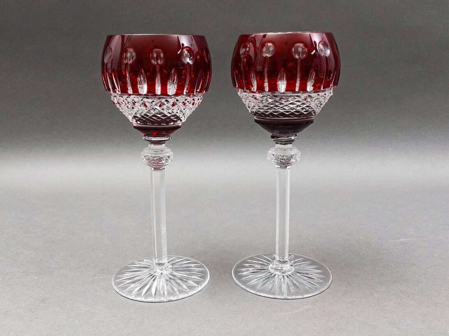 Ajka Hungary King Louis Ruby Red Crystal 7.75" Hock Wine Goblet Glasses Set Of 2