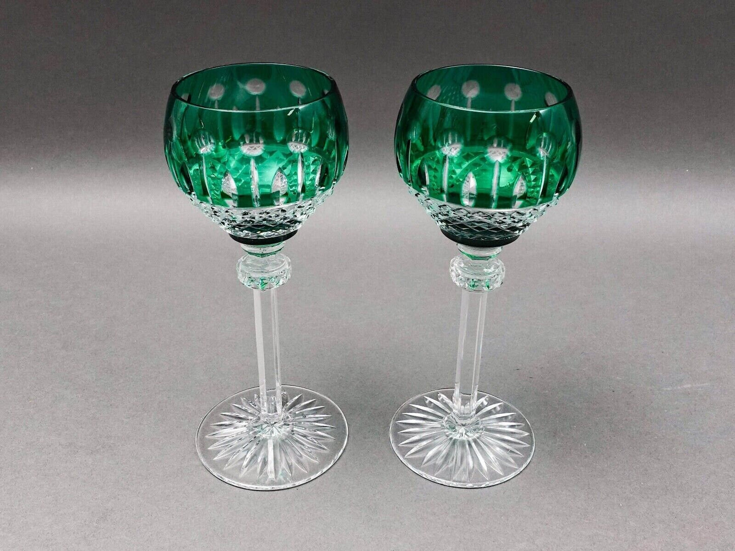 Ajka King Louis Emerald Green Crystal 7 3/4" Hock Wine Goblet Glasses Set Of 2