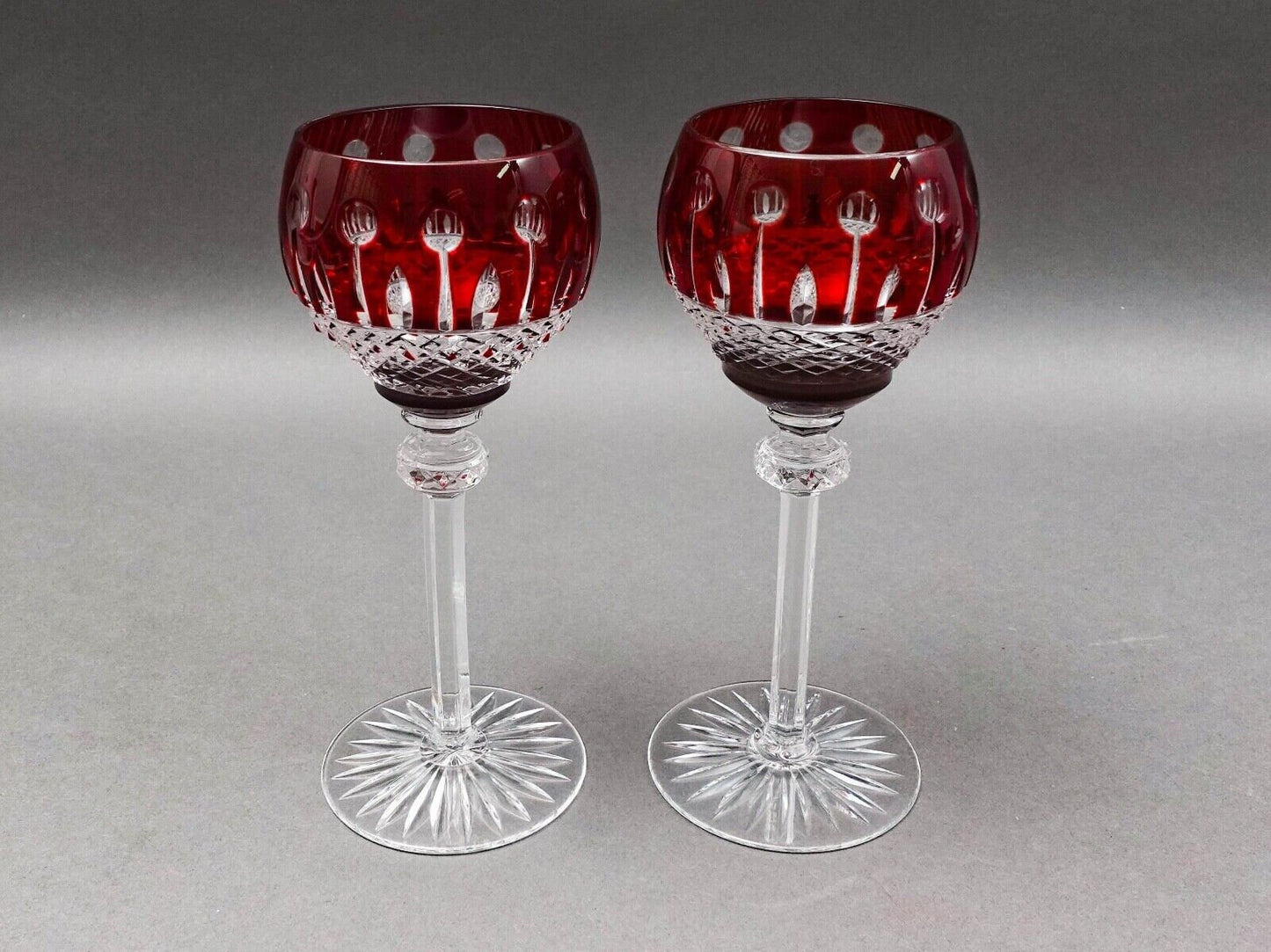 Ajka Hungary King Louis Ruby Red Crystal 7.75" Hock Wine Goblet Glasses Set Of 2
