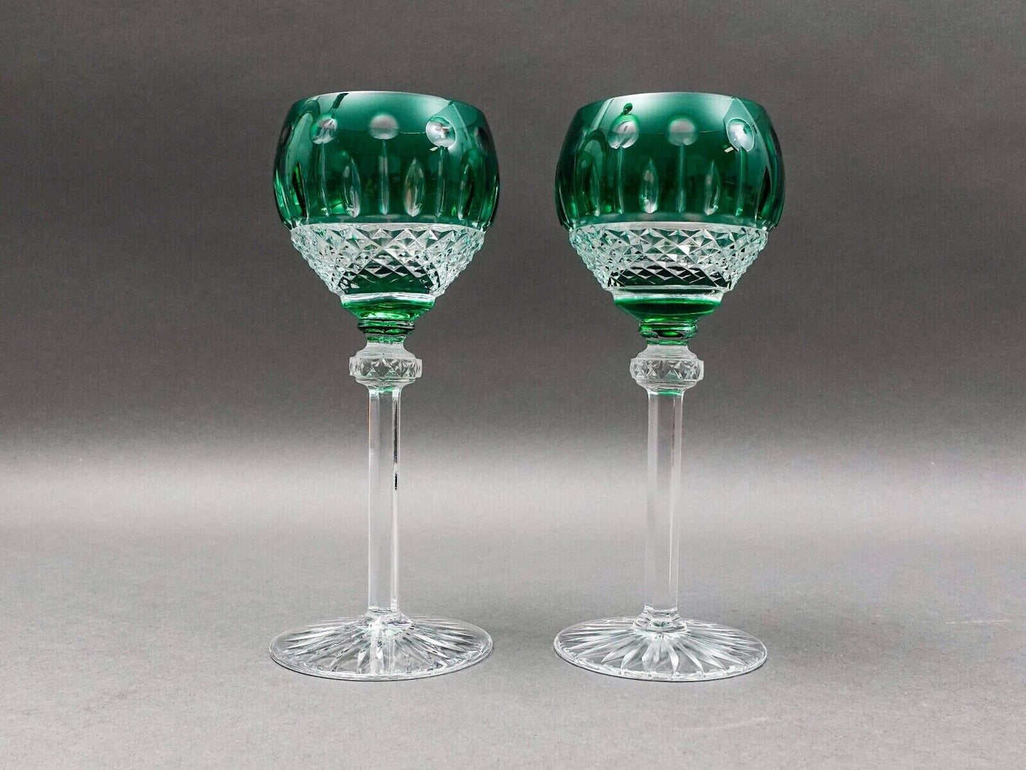 Ajka King Louis Emerald Green Crystal 7 3/4" Hock Wine Goblet Glasses Set Of 2