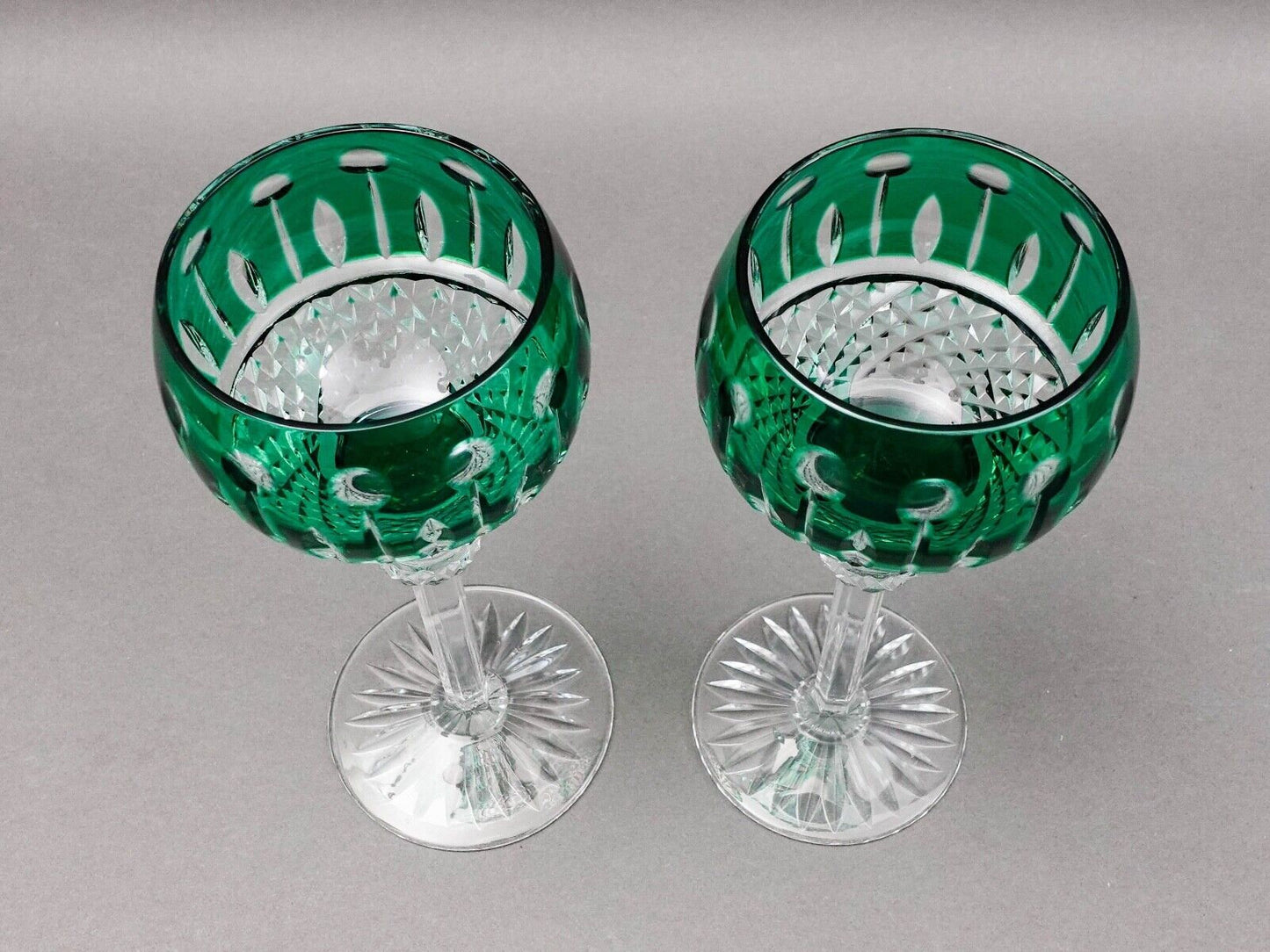 Ajka King Louis Emerald Green Crystal 7 3/4" Hock Wine Goblet Glasses Set Of 2