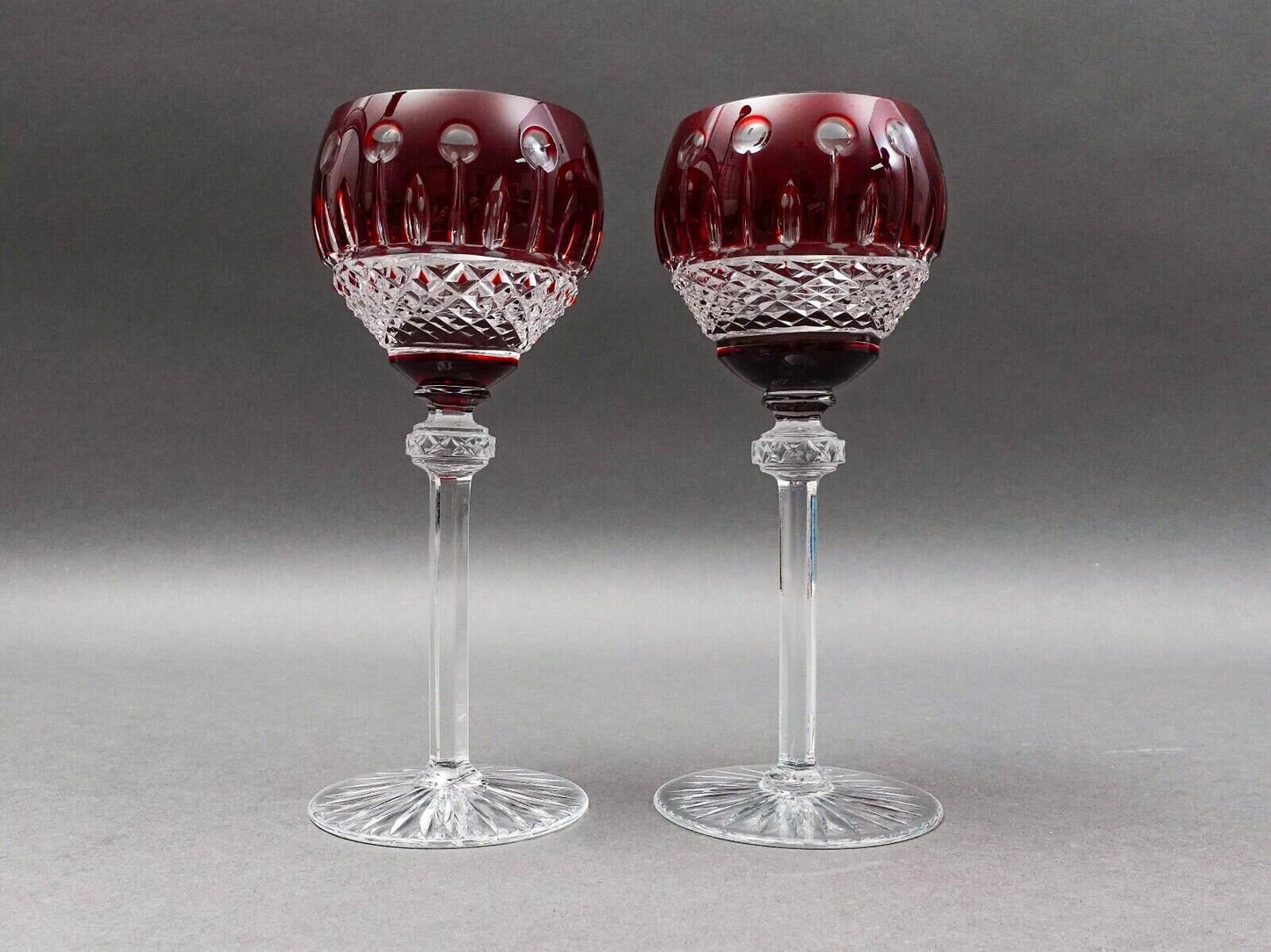 Ajka Hungary King Louis Ruby Red Crystal 7.75" Hock Wine Goblet Glasses Set Of 2