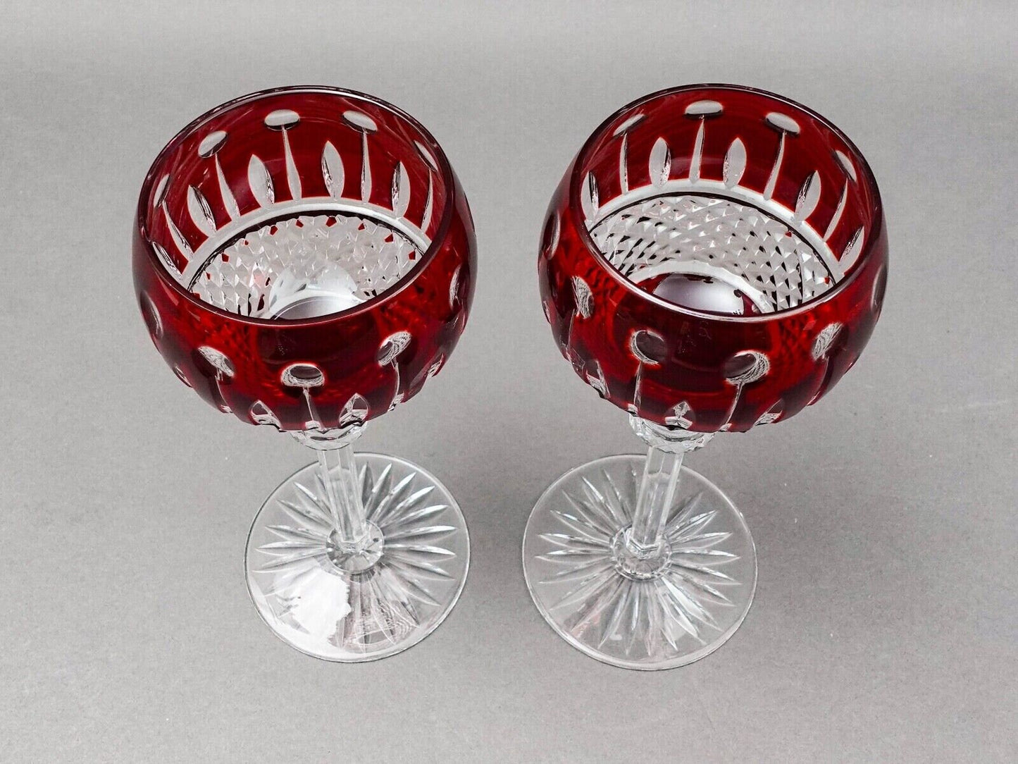 Ajka Hungary King Louis Ruby Red Crystal 7.75" Hock Wine Goblet Glasses Set Of 2