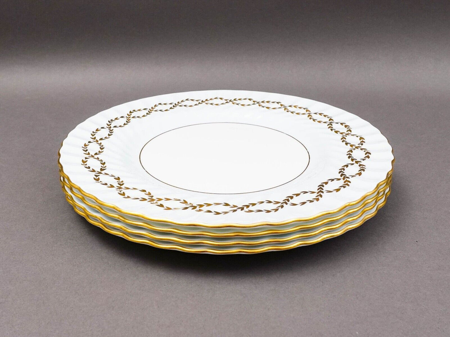Minton England S600 Gold Leaves Light Blue Swirl 10 5/8" Dinner Plate Set Of 4