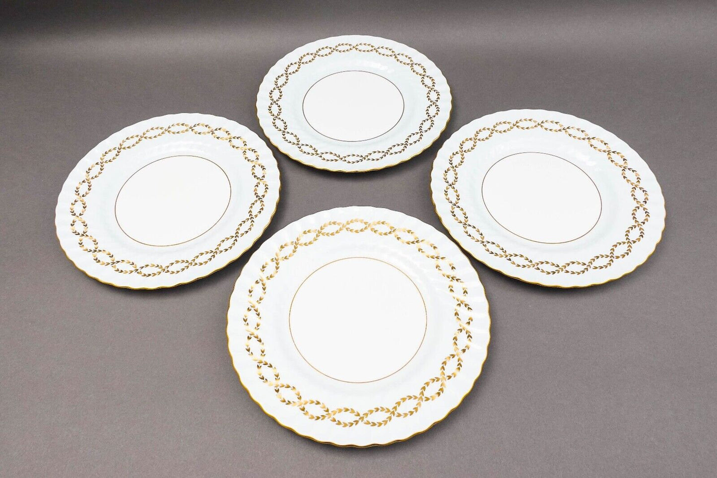 Minton England S600 Gold Leaves Light Blue Swirl 10 5/8" Dinner Plate Set Of 4