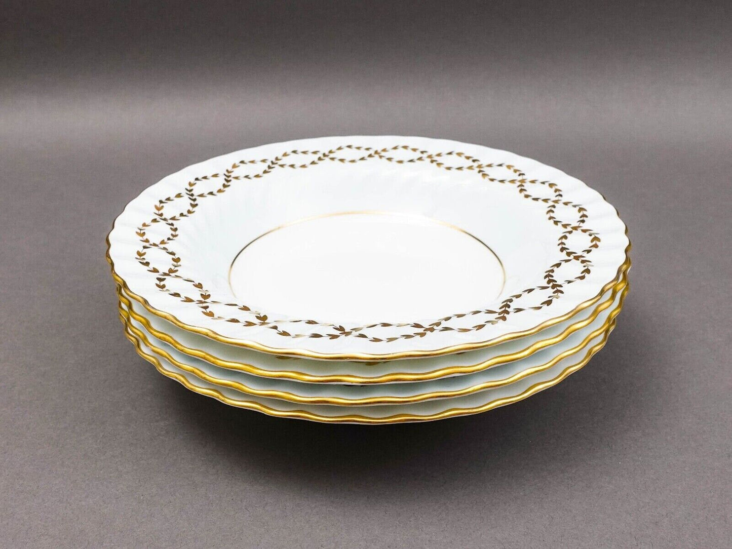 Minton England Tiffany S600 Gold Leaves Light Blue Swirl Rim Soup Bowl Set Of 4