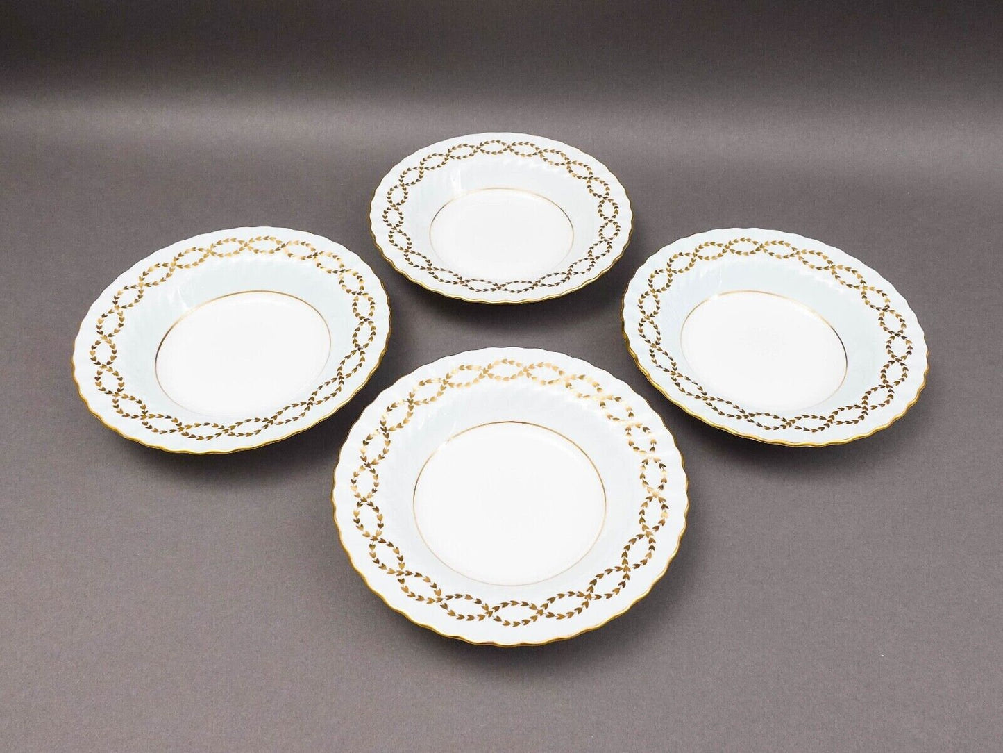 Minton England Tiffany S600 Gold Leaves Light Blue Swirl Rim Soup Bowl Set Of 4