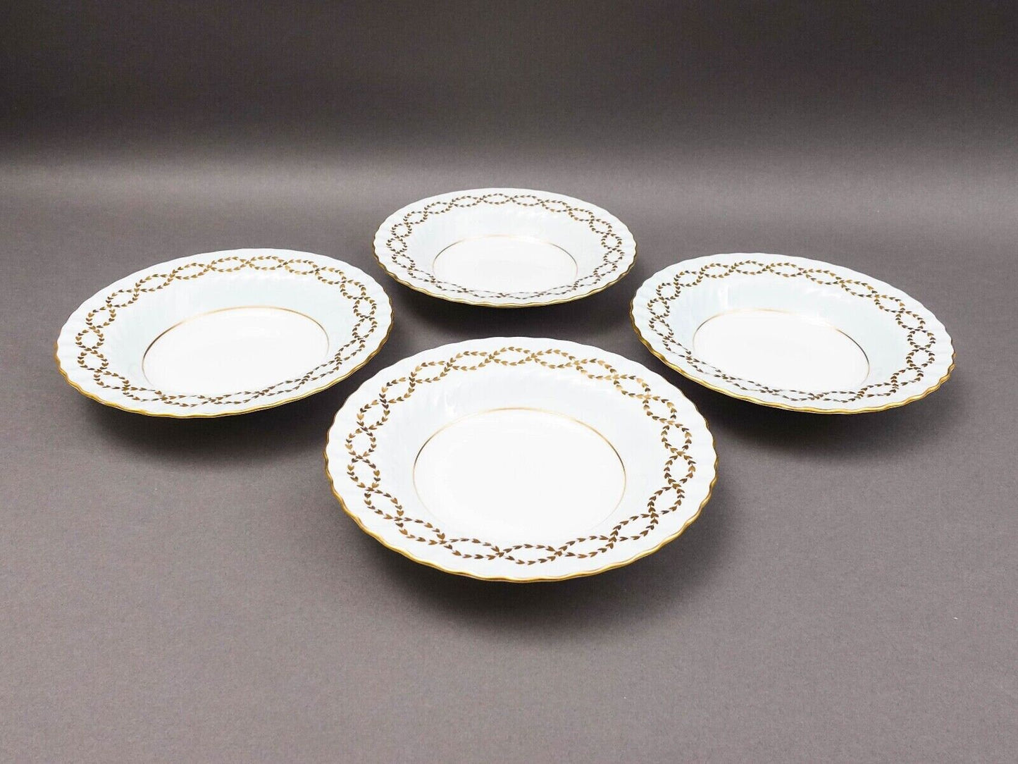 Minton England Tiffany S600 Gold Leaves Light Blue Swirl Rim Soup Bowl Set Of 4