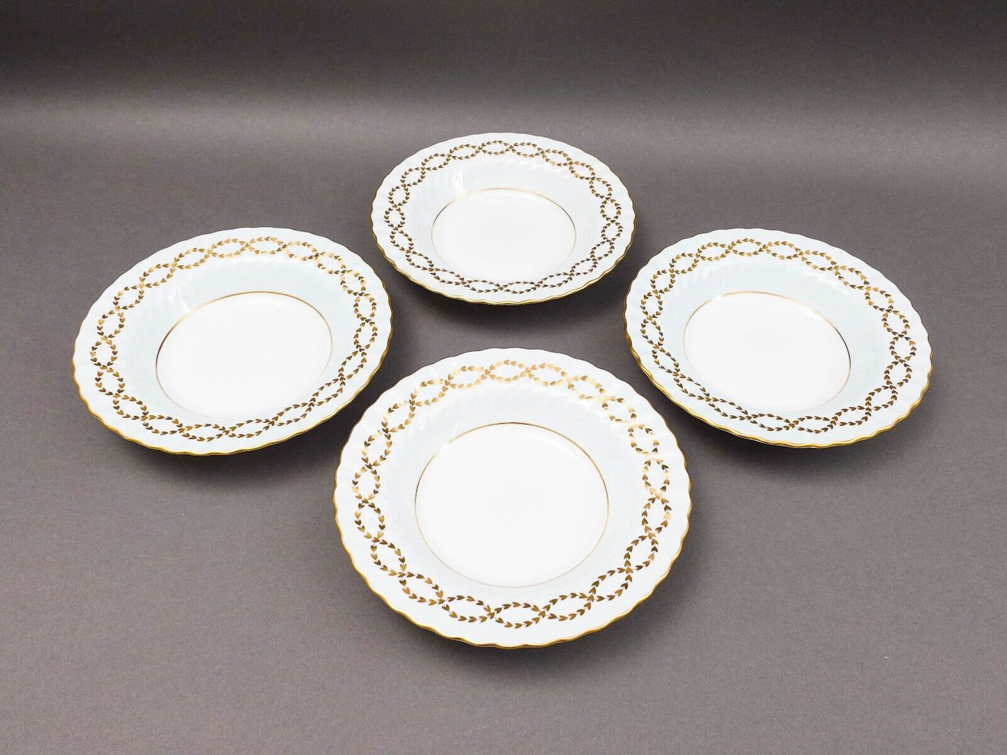 Minton England S600 Gold Leaves Light Blue Swirl Rimmed Soup Bowl Set Of 4