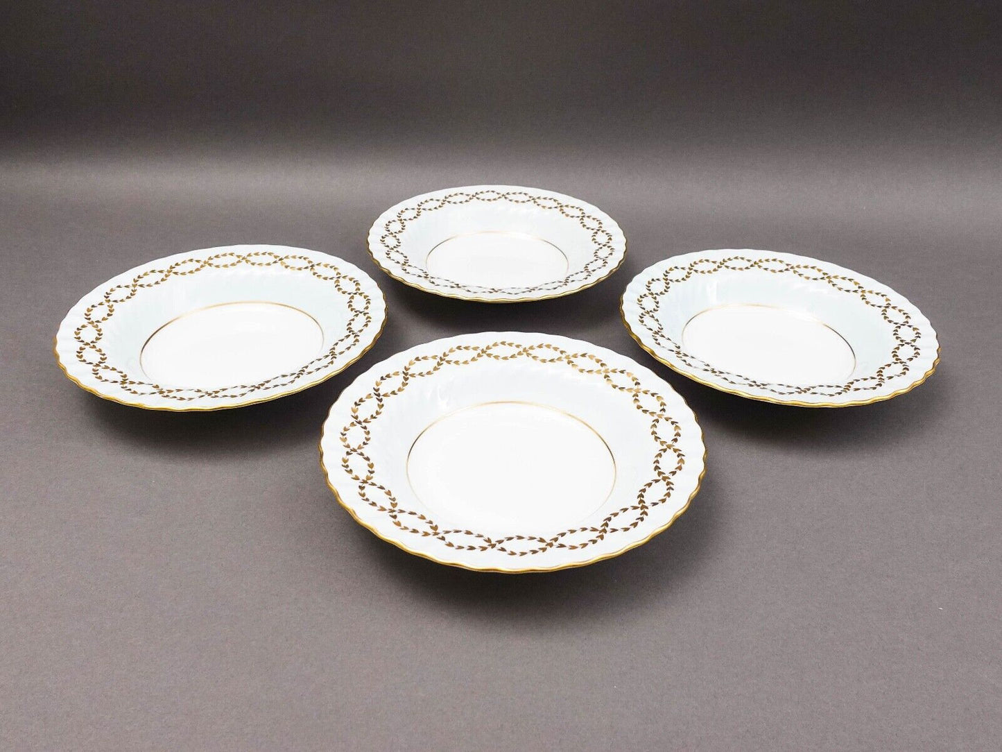Minton England S600 Gold Leaves Light Blue Swirl Rimmed Soup Bowl Set Of 4