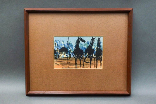 Shuzo Ikeda Japan Horses Scene Small Framed Woodblock Print