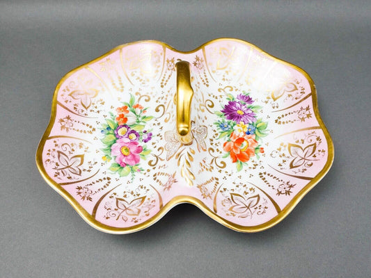 Antique German Hand Painted Floral Porcelain Divided Condiment Serving Dish Tray