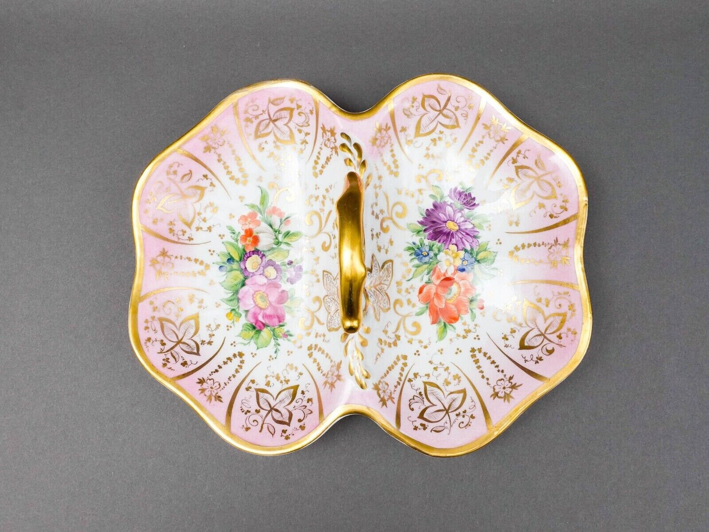 Antique German Hand Painted Floral Porcelain Divided Condiment Serving Dish Tray