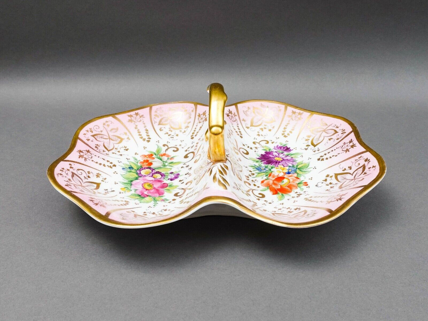 Antique German Hand Painted Floral Porcelain Divided Condiment Serving Dish Tray