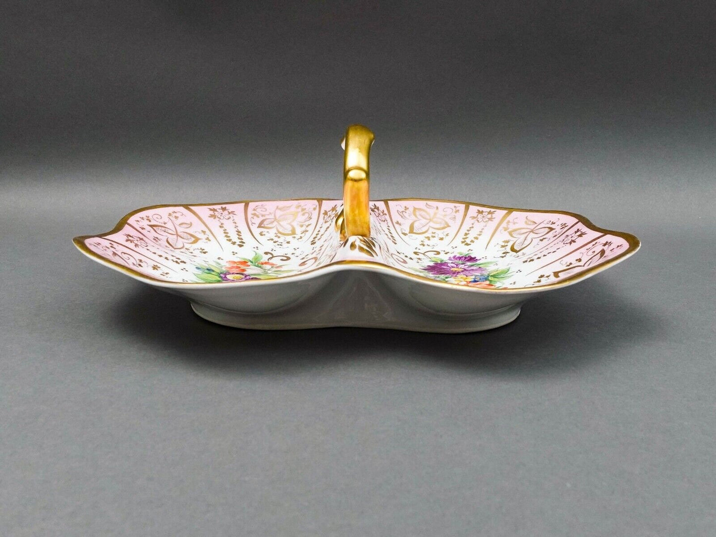 Antique German Hand Painted Floral Porcelain Divided Condiment Serving Dish Tray