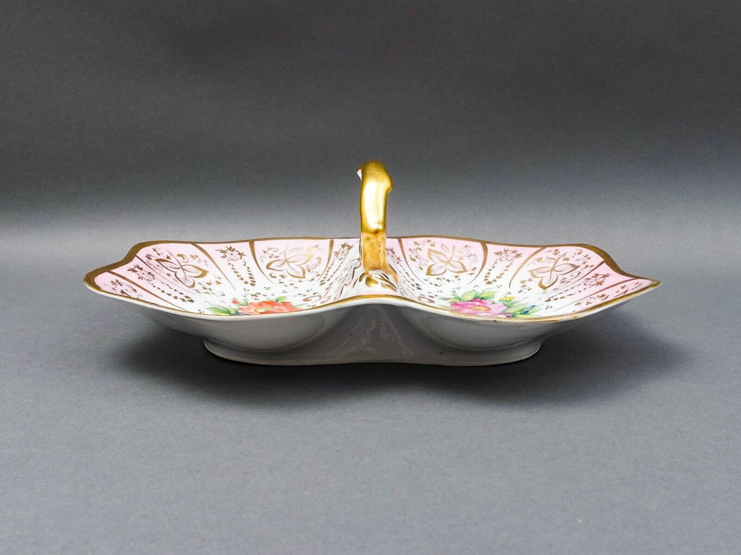 Antique German Hand Painted Floral Porcelain Divided Condiment Serving Dish Tray