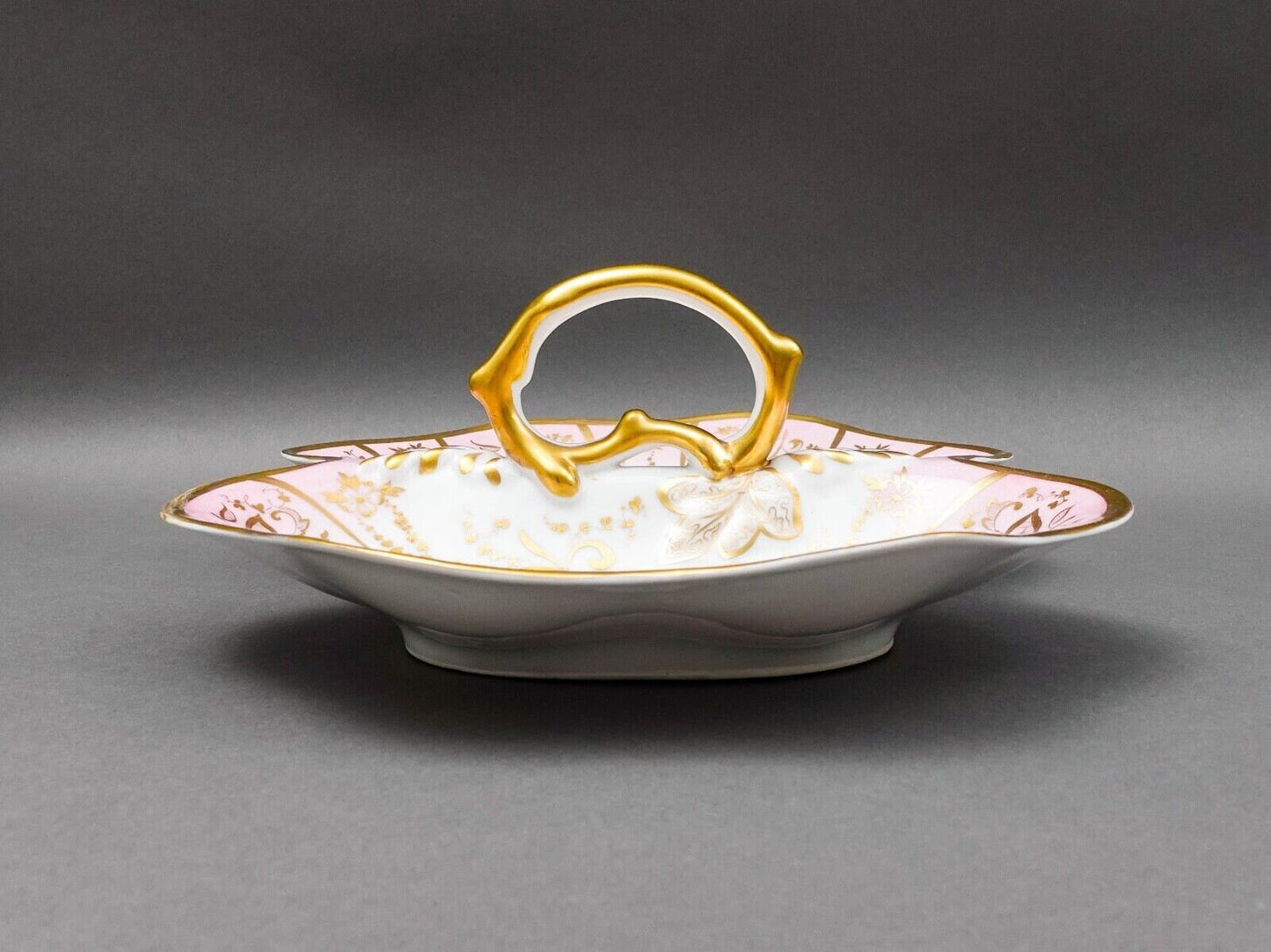 Antique German Hand Painted Floral Porcelain Divided Condiment Serving Dish Tray