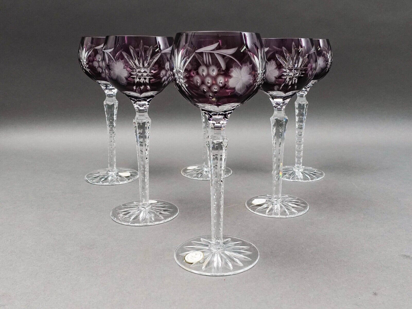 Ajka Marsala Purple Cut To Clear Crystal 8.25" Hock Wine Goblet Glasses Set Of 6