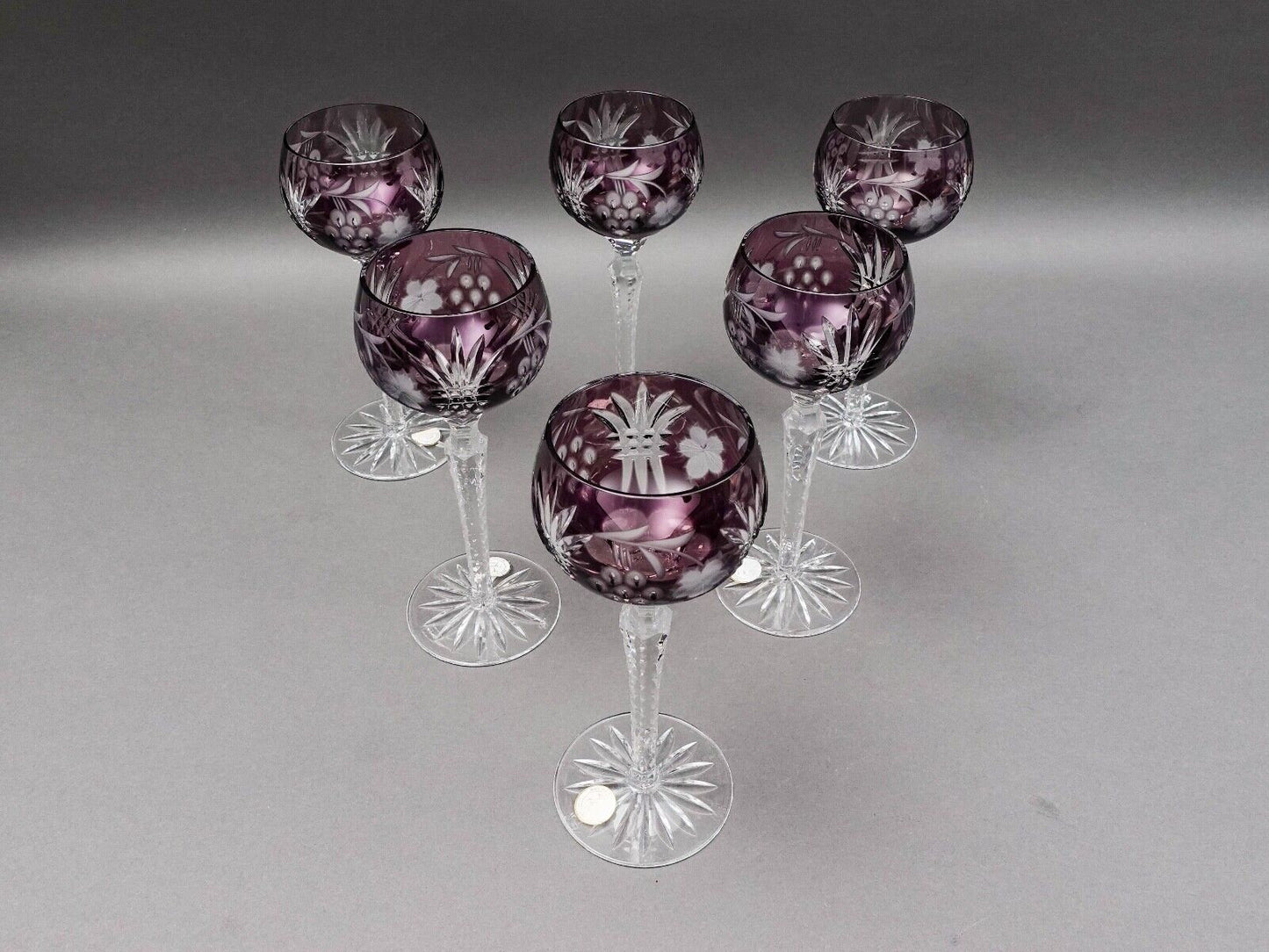 Ajka Marsala Purple Cut To Clear Crystal 8.25" Hock Wine Goblet Glasses Set Of 6