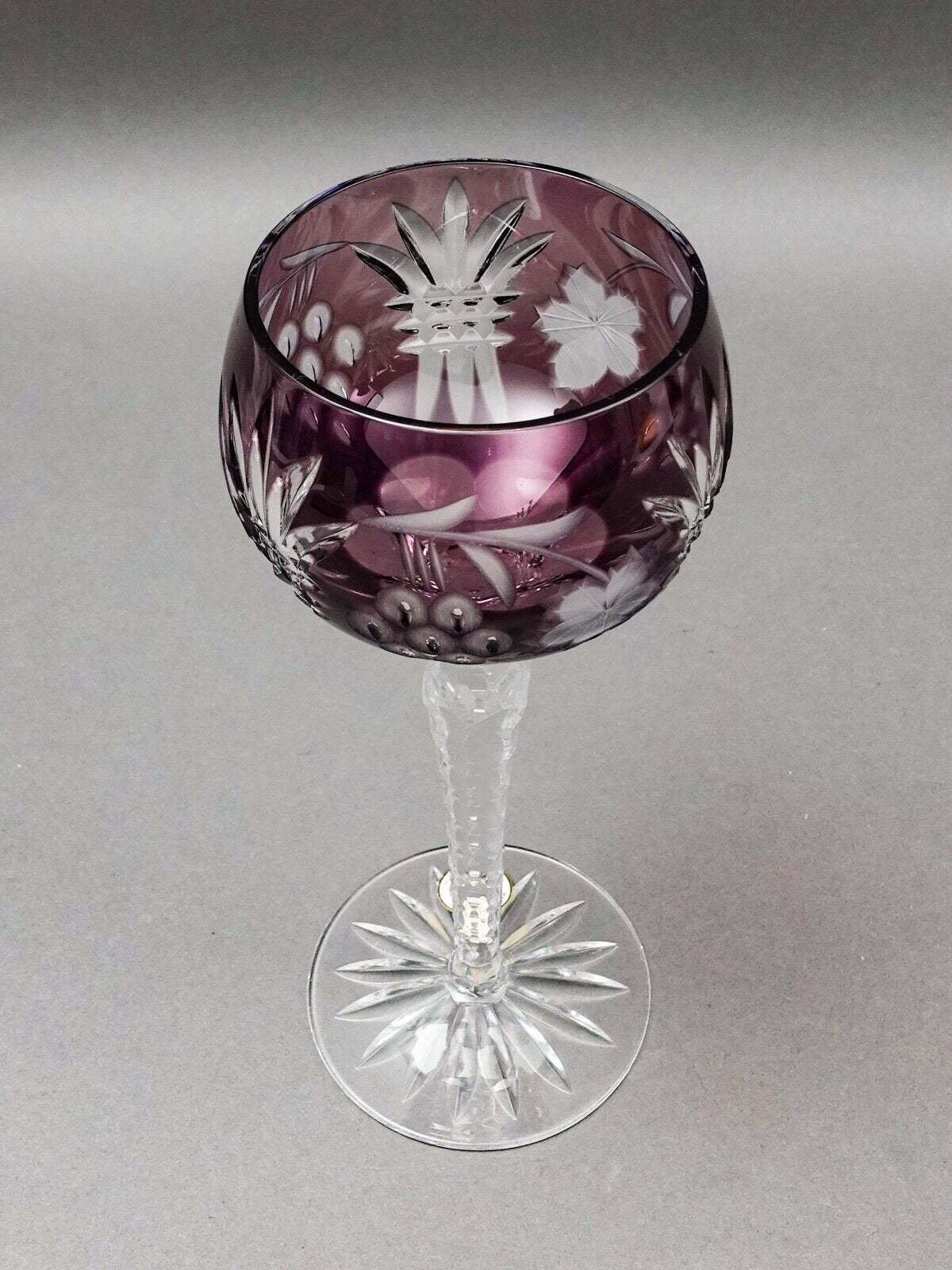 Ajka Marsala Purple Cut To Clear Crystal 8.25" Hock Wine Goblet Glasses Set Of 6