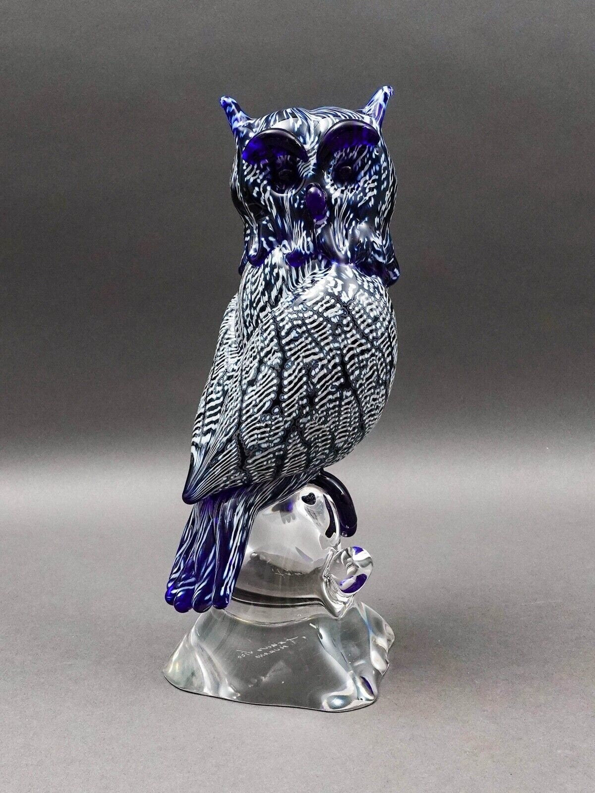 Seguso Viro Signed Large Blue & White Murano Glass Owl Figurine Sculpture 12"