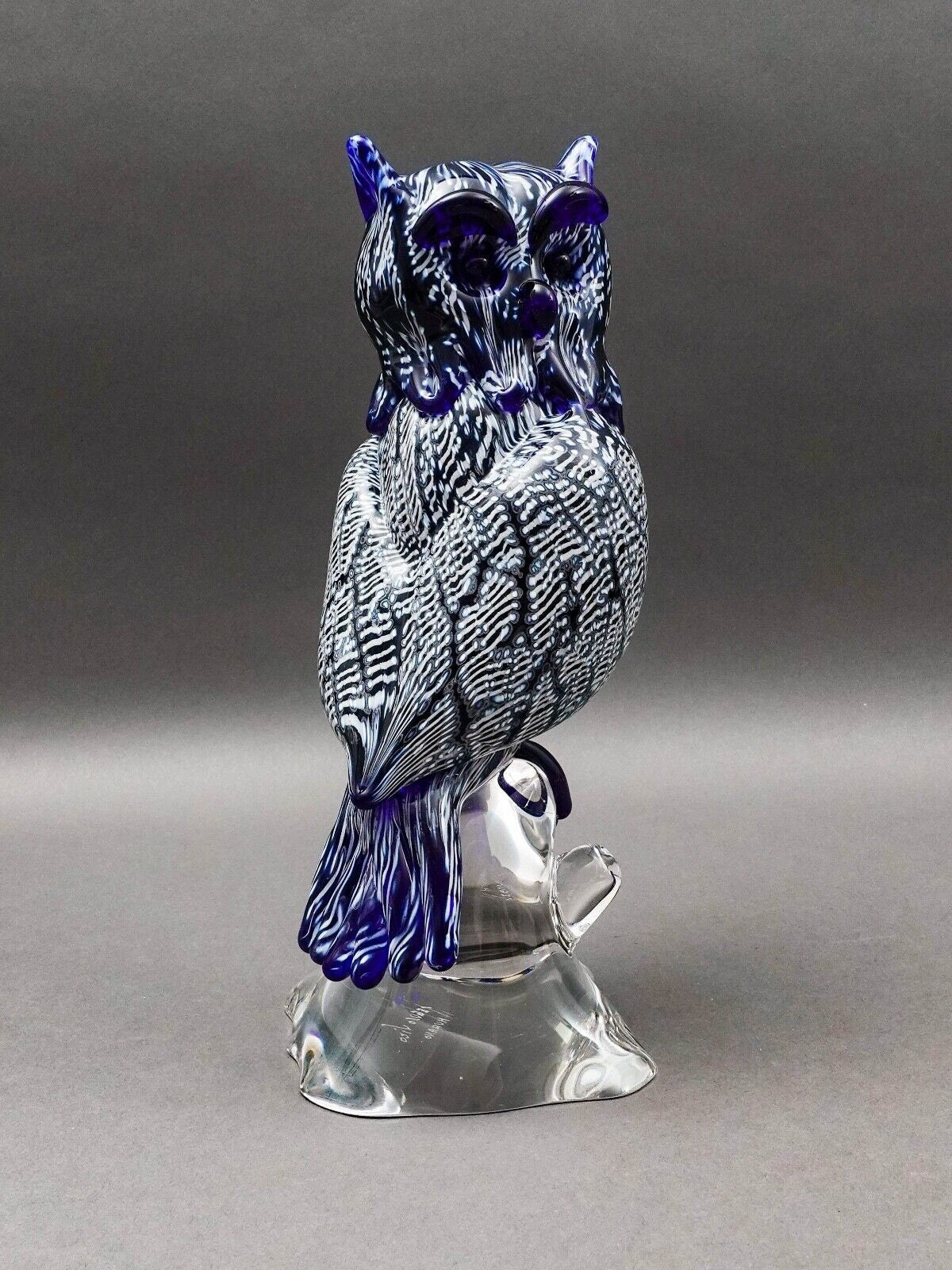 Seguso Viro Signed Large Blue & White Murano Glass Owl Figurine Sculpture 12"