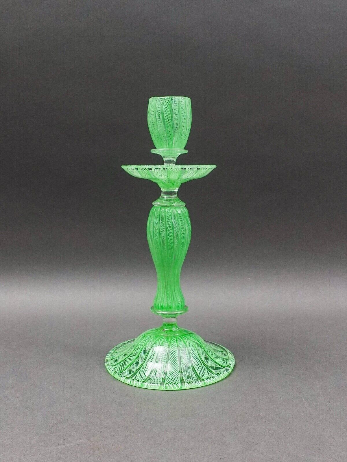 Vintage Italian Murano Green Latticino Art Glass Candlestick Candle Holder 10.5"