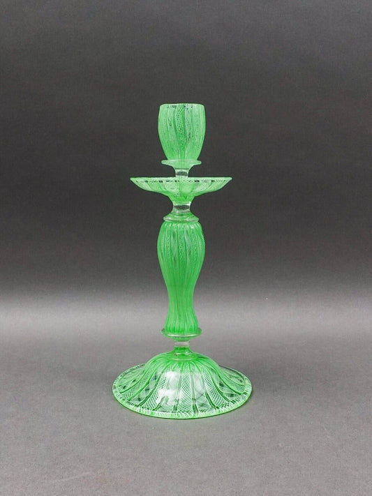 Vintage Italian Murano Green Latticino Art Glass Candlestick Candle Holder 10.5"