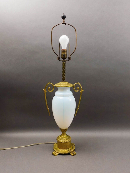 French Antique Gold Ormolu Gilt Bronze Opaline Opalescent Glass Table Lamp