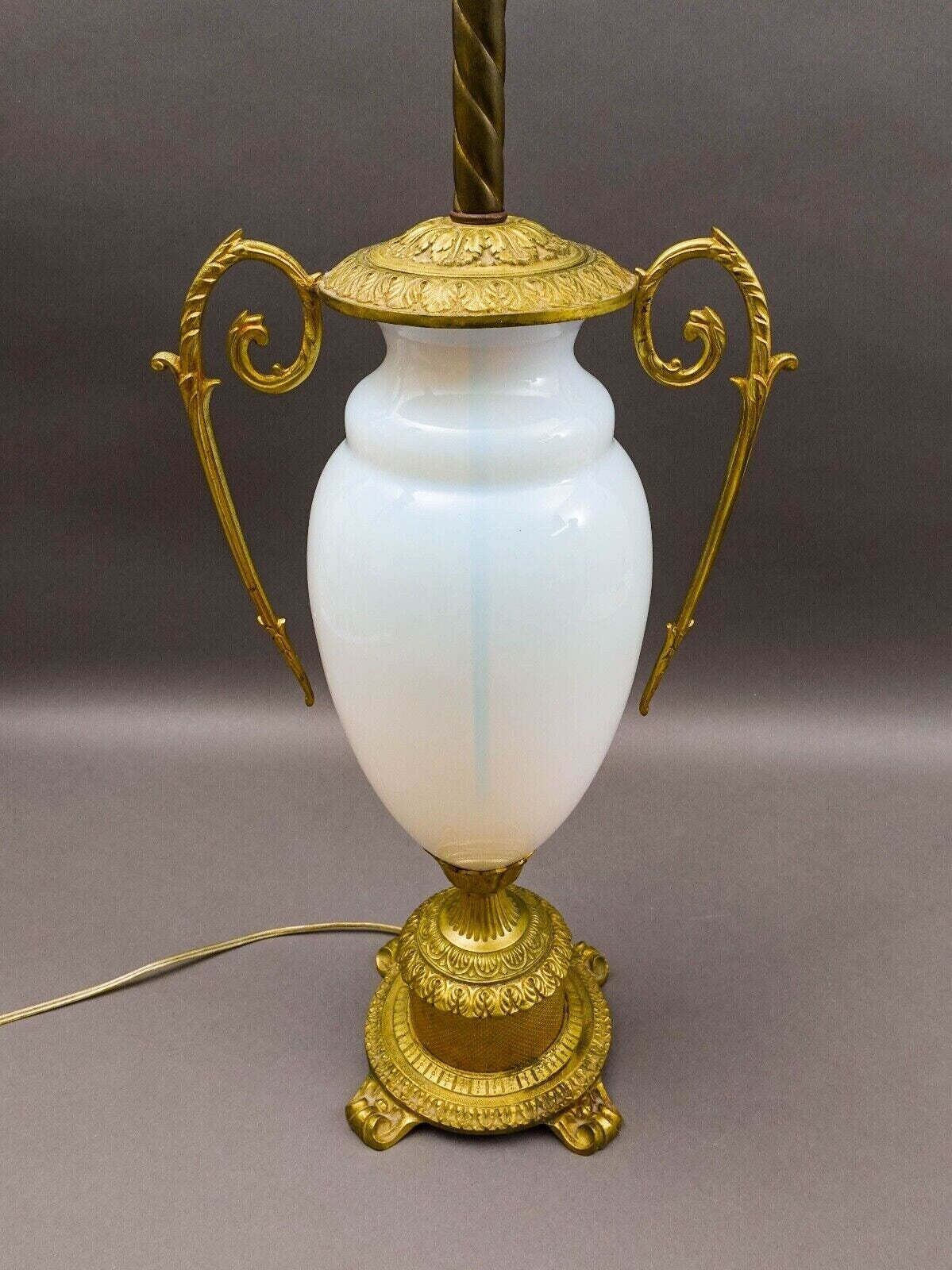 French Antique Gold Ormolu Gilt Bronze Opaline Opalescent Glass Table Lamp
