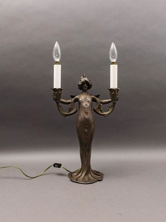 Lucien Alliot (French 1877-1967) Art Nouveau Painted Bronze Spelter Figural Lamp