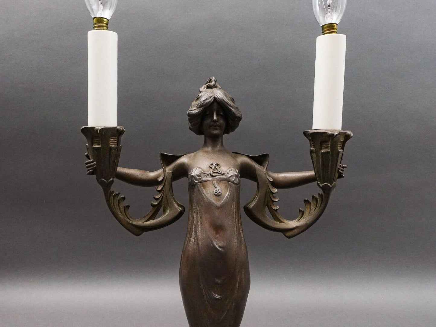 Lucien Alliot (French 1877-1967) Art Nouveau Painted Bronze Spelter Figural Lamp