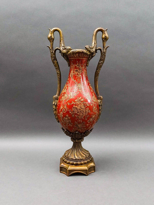 Vintage Hand Painted Gold Floral Porcelain Ornate Bronze Swan Urn Vase 18 1/2"