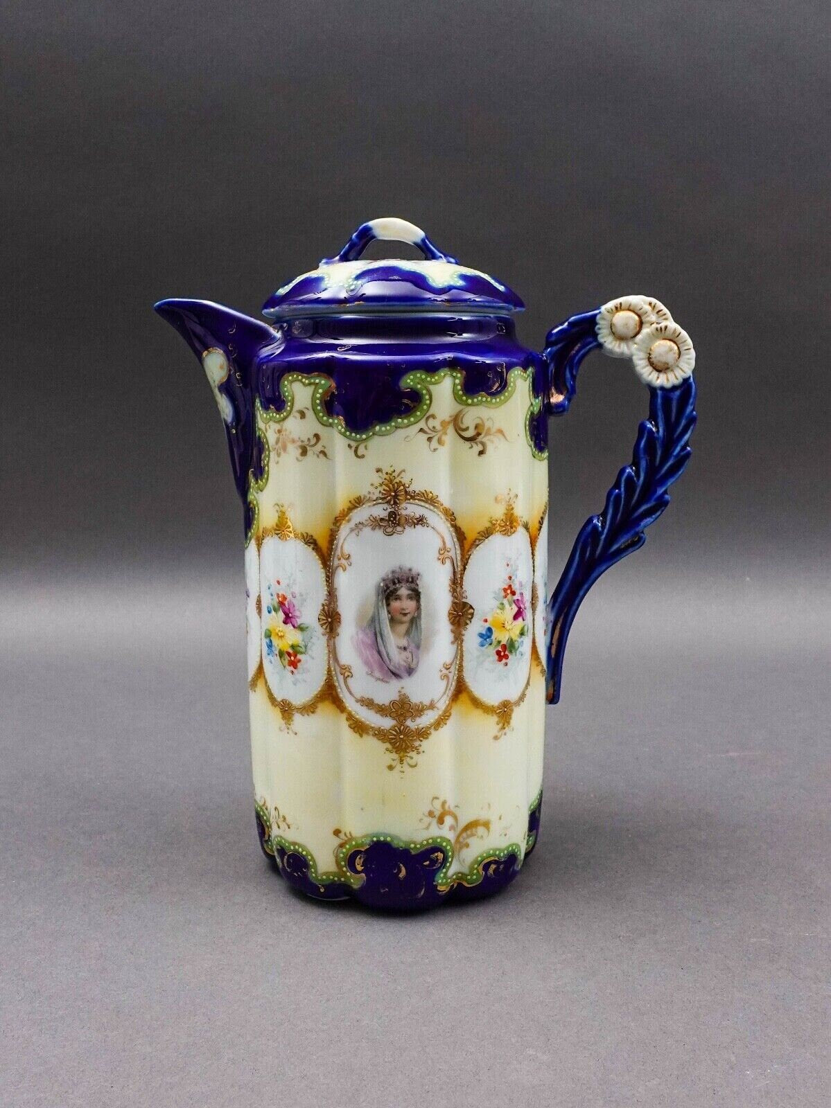 Nippon Antique Hand Painted Josephine Portrait Floral Porcelain Chocolate Pot