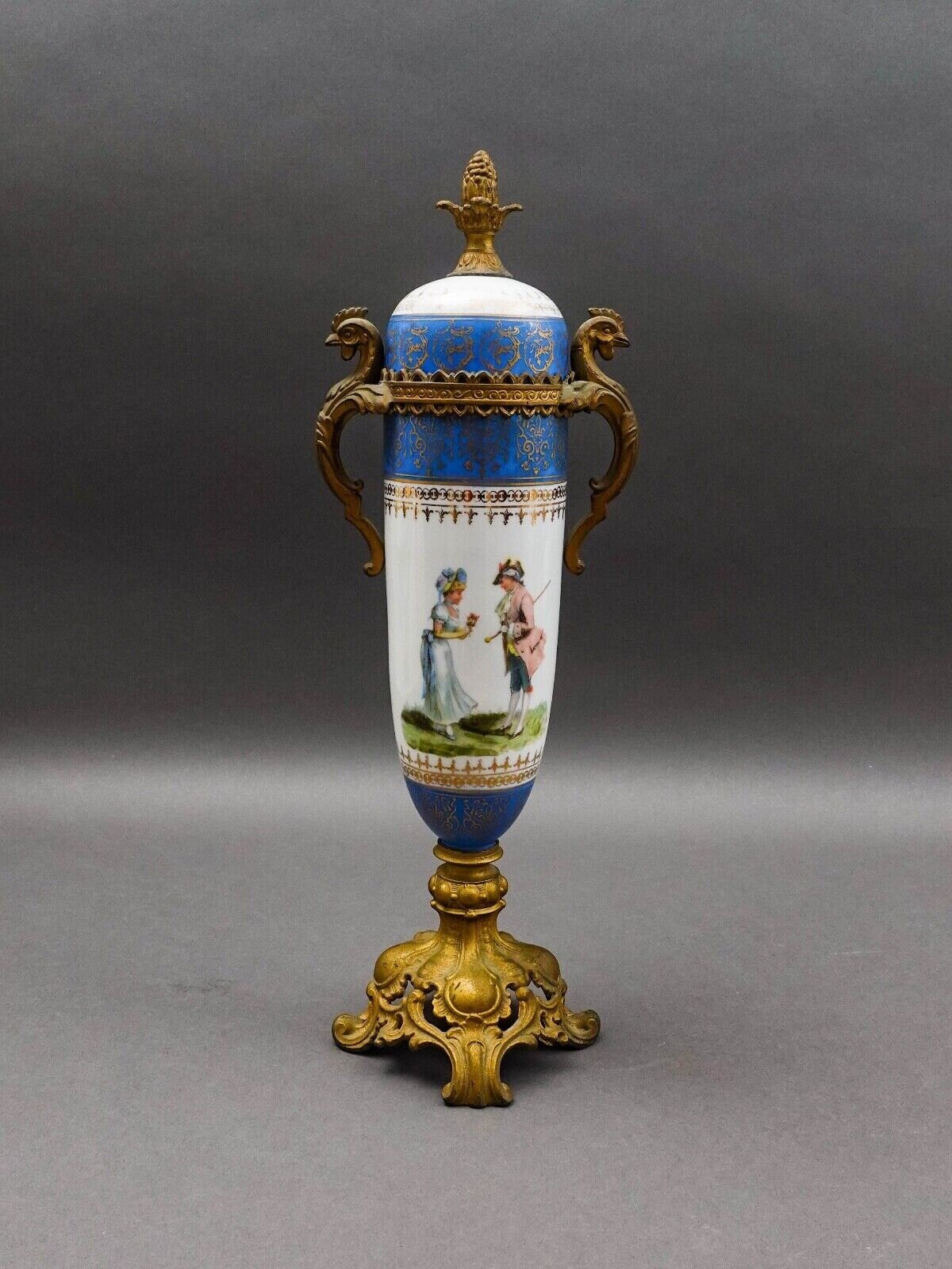 Sevres Style Antique French Hand Painted Porcelain Bronze Ormolu Mounts Urn Vase