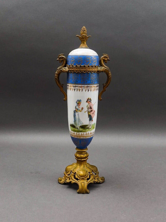 Sevres Style Antique French Hand Painted Porcelain Bronze Ormolu Mounts Urn Vase