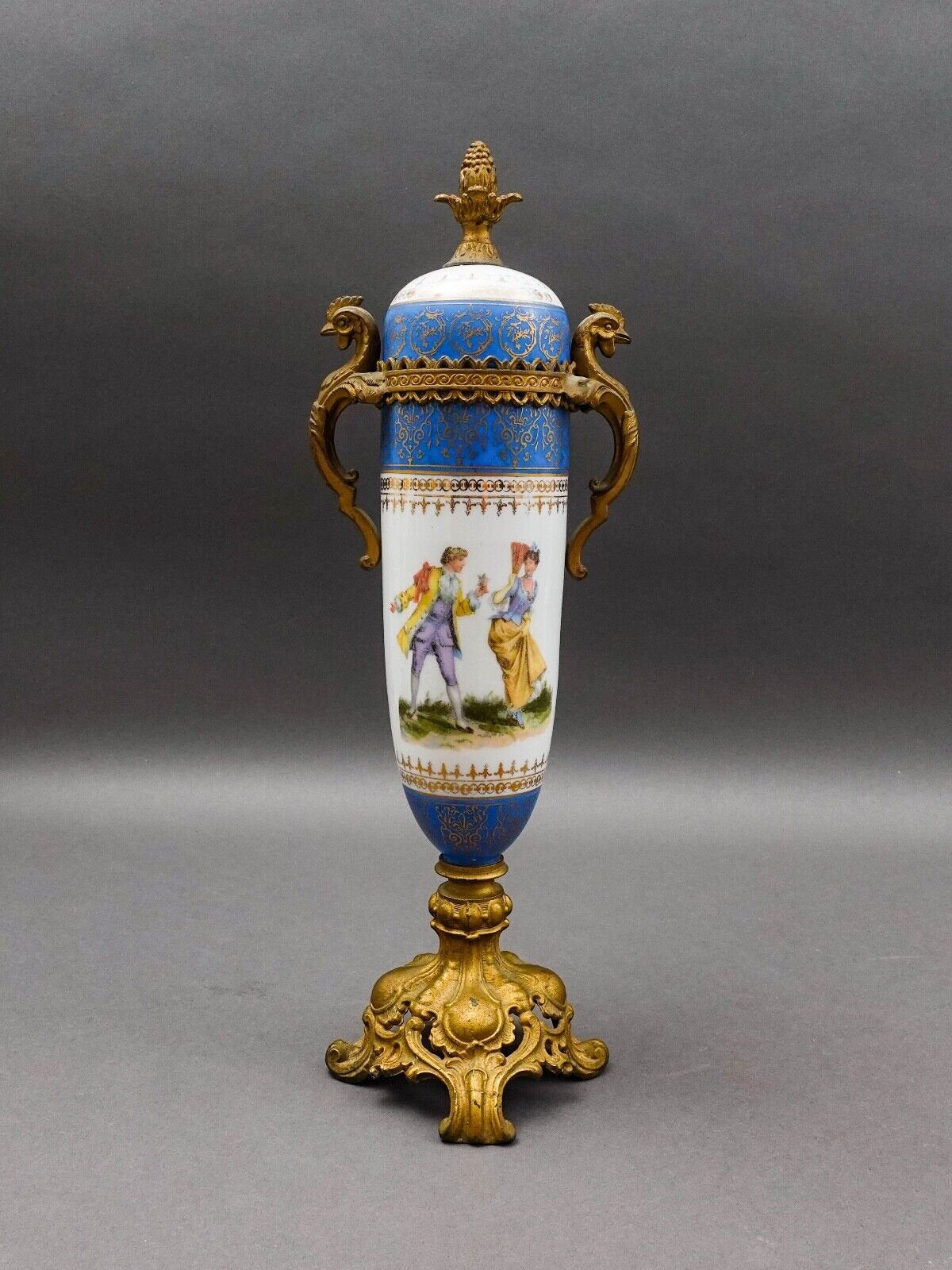 Sevres Style Antique French Hand Painted Porcelain Bronze Ormolu Mounts Urn Vase