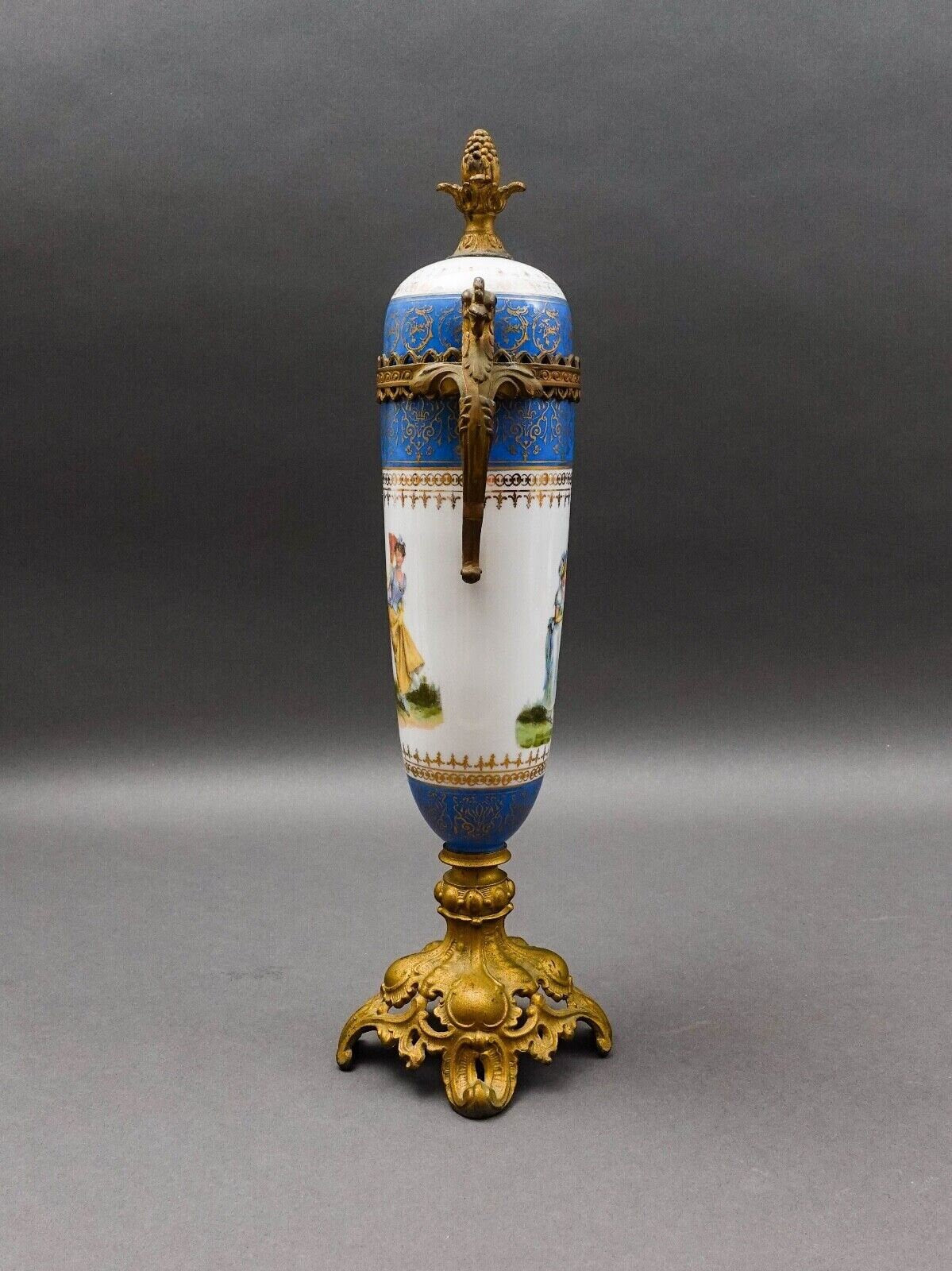 Sevres Style Antique French Hand Painted Porcelain Bronze Ormolu Mounts Urn Vase