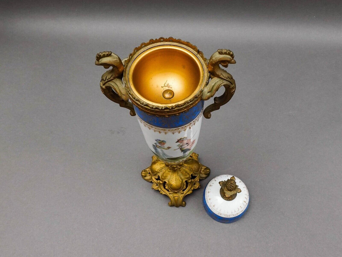 Sevres Style Antique French Hand Painted Porcelain Bronze Ormolu Mounts Urn Vase