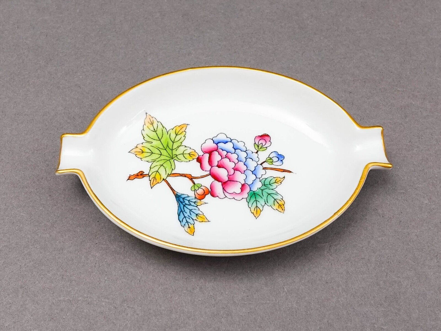Herend Hungary Queen Victoria Peony Flower Porcelain Ashtray Trinket Dish 7784