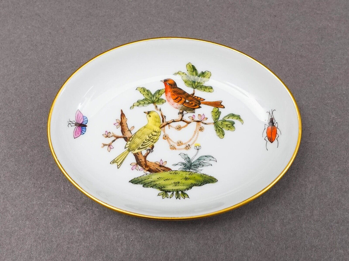 Herend Hungary Rothschild Bird Porcelain Oval Trinket Dish Butter Pat Tray 7781