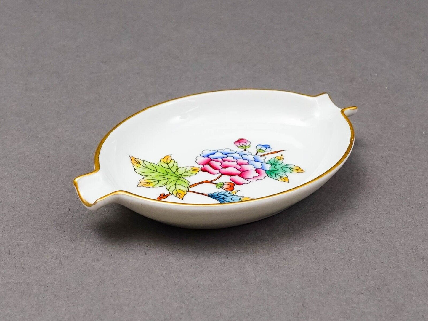 Herend Hungary Queen Victoria Peony Flower Porcelain Ashtray Trinket Dish 7784