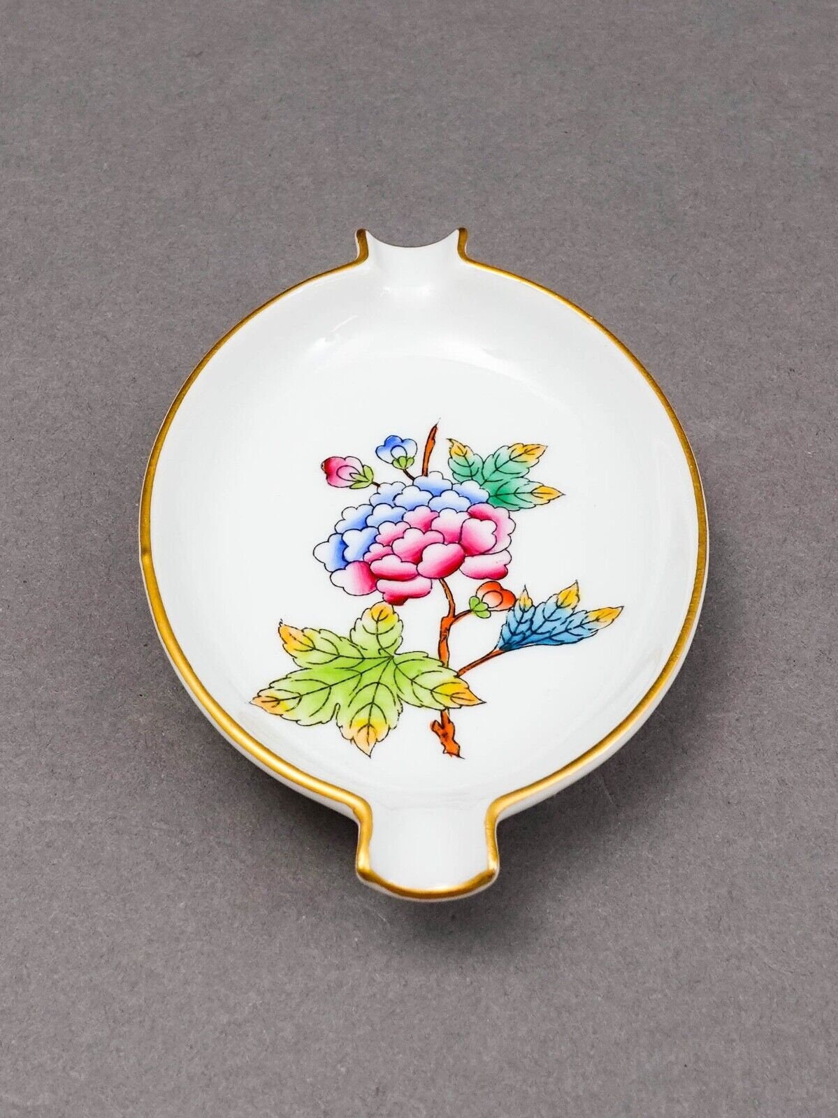 Herend Hungary Queen Victoria Peony Flower Porcelain Ashtray Trinket Dish 7784