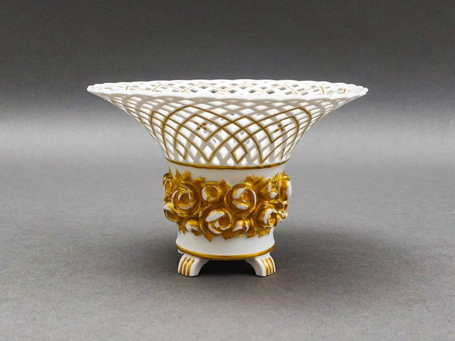 KPM Antique White Gold Floral Porcelain Reticulated Basket Compote Pedestal Bowl